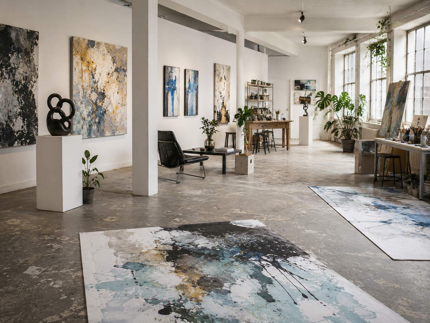 Künstler im Gespräch vor abstraktem Gemälde im Atelier – Art Connect Künstlernetzwerk