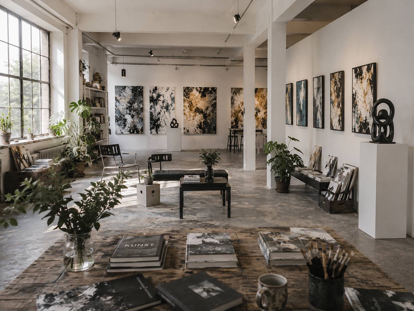 Künstler im Gespräch vor abstraktem Gemälde im Atelier – Art Connect Künstlernetzwerk